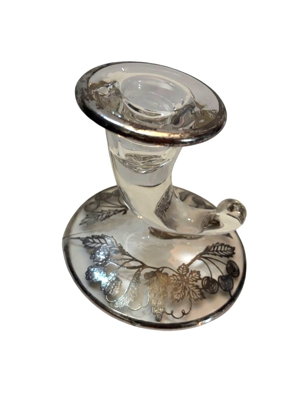 Vintage Clear Glass Cornucopia 4” Candle Holder w/ Silver Overlay